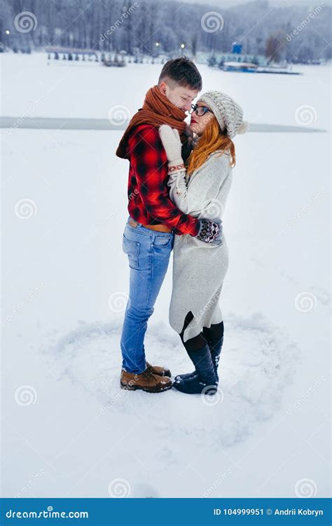 Couple Hugging Smiling Winter Snowy Countryside Full Length Vertical