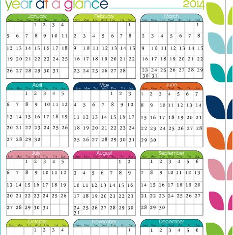 printable calendar year   glance