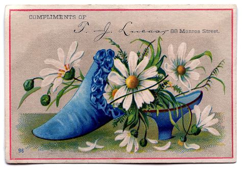 pretty antique trade card image blue shoe with daisies