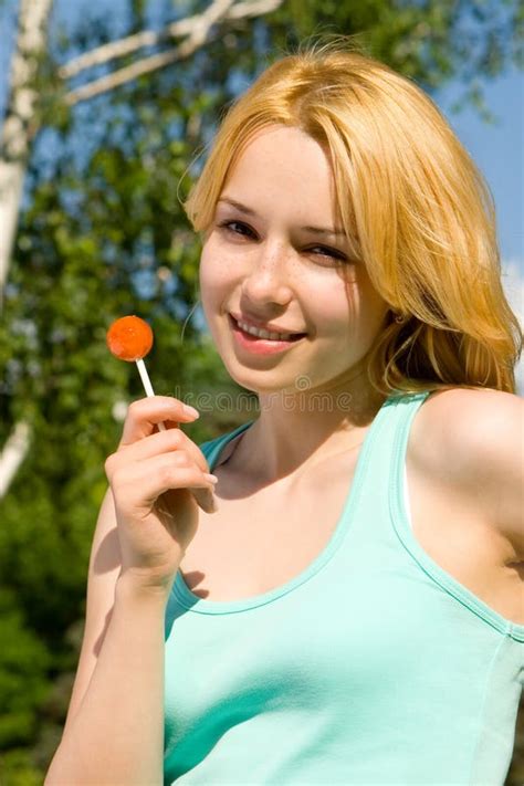 Licking Candy Lollipop Model Woman Lips Sucking A Candy Glamor Model