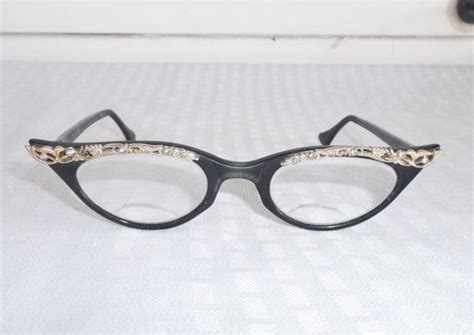 40s 50s Vintage Black Cat Eye Eyeglasses With Rhinestones Etsy