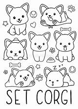Coloring Corgi Pages Kawaii Cute Dog Set Doodles Drawn Hand Animal Print Preview Vector sketch template
