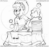 Cartoon Ironing Housewife Clipart Laundry Illustration Outlined Happy Royalty Vector Visekart Stock sketch template