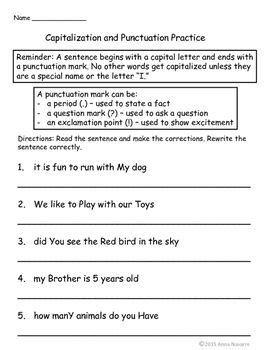 capitalization  punctuation practice pages elementary writing
