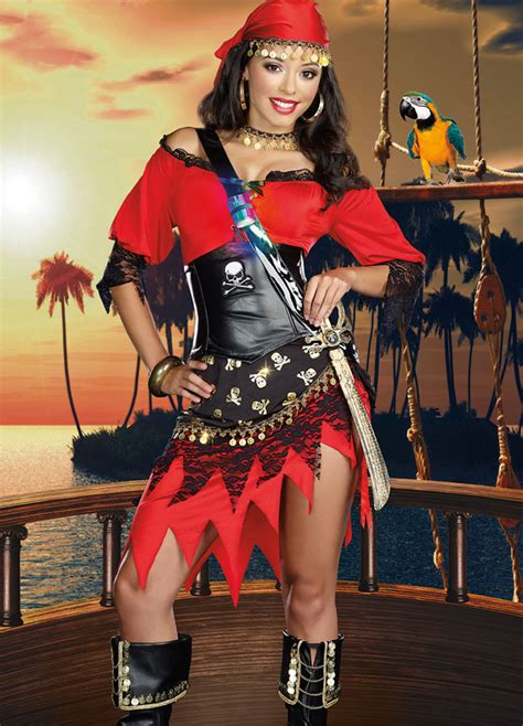 red off shoulder corset waist woman pirate halloween costume