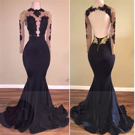 mermaid black sexy prom dress lace appliques gold long sleeve prom