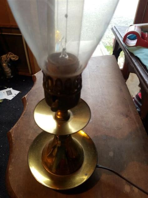 Vintage Electric Brass And Etched Glass Hurricane Table Lamp Cattails