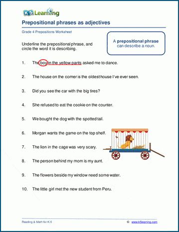 prepositional phrases  adjectives worksheets  learning