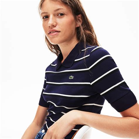 Womens Lacoste Live Slim Fit Striped Ribbed Knit Polo Shirt Lacoste