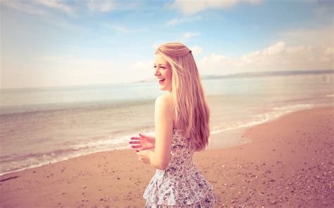 Women Blonde Sea Summer Sky Horizon Dress Smiling