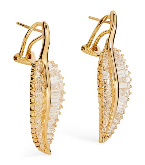 Yellow Gold And Diamond Leaf Drop Earrings