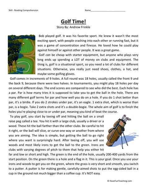 Reading Comprehension Worksheet Golf Time