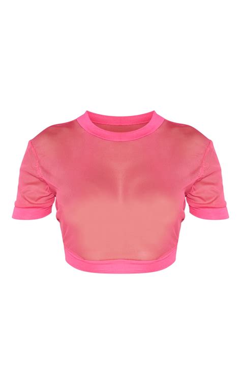 hot pink sheer mesh short sleeve crop top prettylittlething usa
