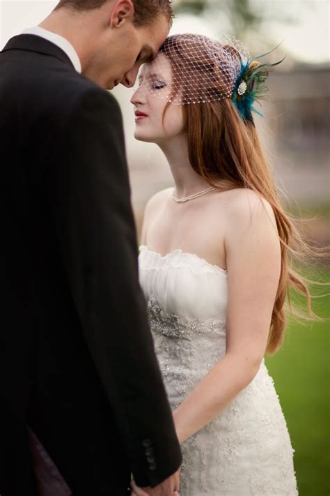 redhead bride with peacock hair ornament wedding couple portrait wedding inspiration