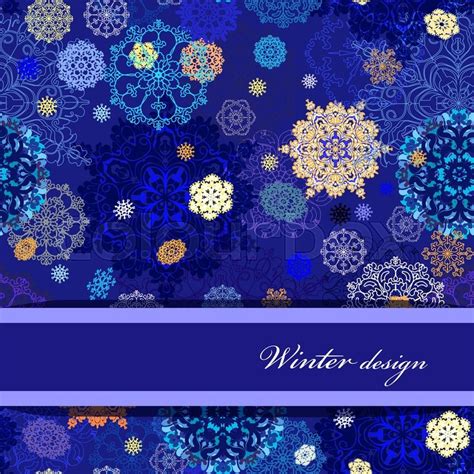 winter abstract design with gold blue and white snowflakes and stars