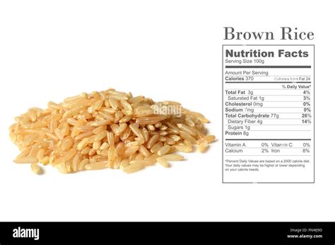 healthy brown rice uncooked with nutrition facts on white background