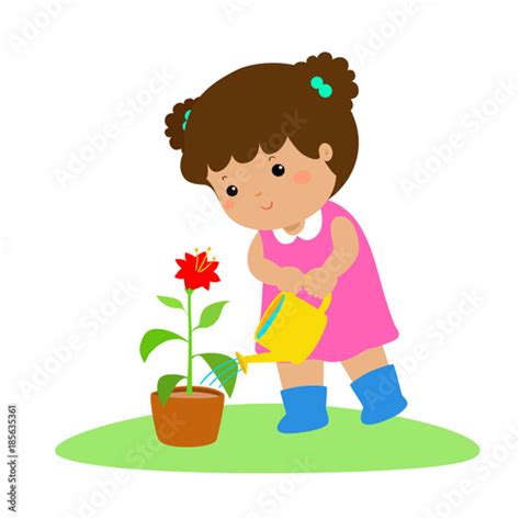 Cute Cartoon Girl Watering Plant Vector Stock Image And Royalty Free