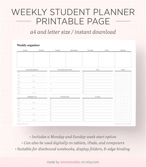 printable weekly planner  college students
