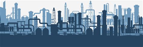 industrial factories silhouette background blue oil refinery complex  pipes  tanks gas