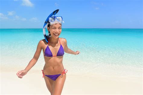 Beach Vacations Asian Woman Swimming Having Fun Stock