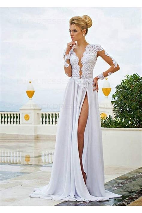 long sleeve high slit lace chiffon wedding dresses bridal