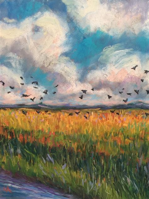 original pastel clouds crows field painting laurie etsy soft