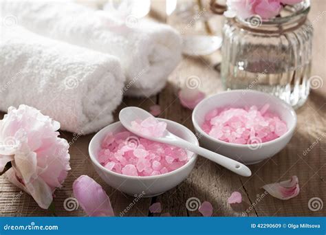 spa set  peony flowers  pink herbal salt stock image image