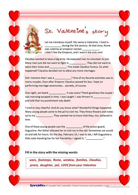 st valentines story  valentines quiz worksheet  esl