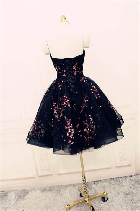 Black Cute Sweetheart Tulle Formal Dresses Puffy Strapless Appliqued