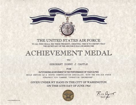 air force achievement medal certificate replacement certificate
