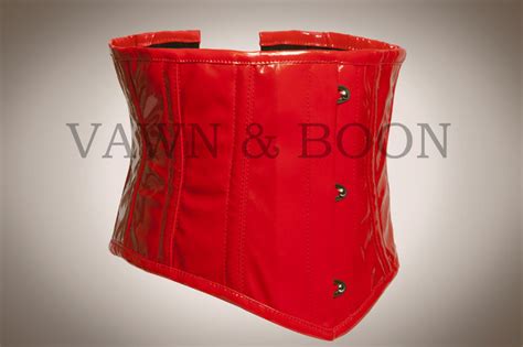 red wasp steel boned pvc waist corset vawn and boon pvc catsuit