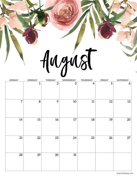 august calendar  printable