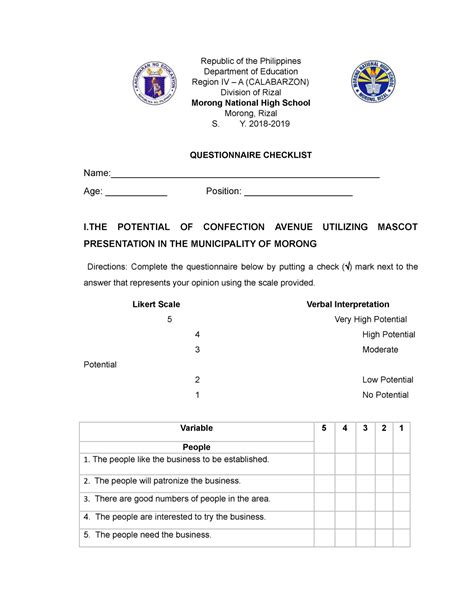 questionnaire checklist sample republic   philippines department