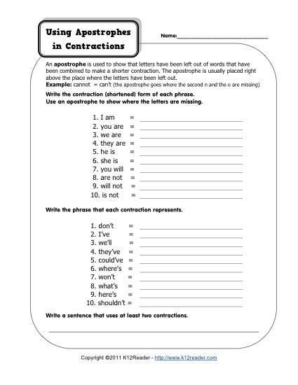 apostrophes  contractions  printable punctuation worksheets