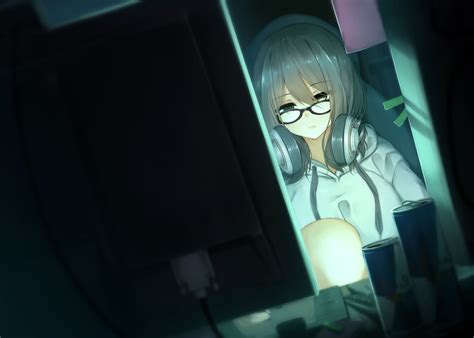 Download 3624x2591 Anime Girl Computer Glasses Headset Brown Hair