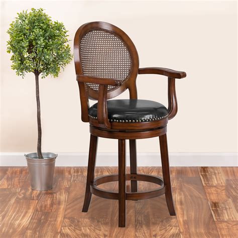 flash furniture  high expresso wood counter height stool  arms woven rattan