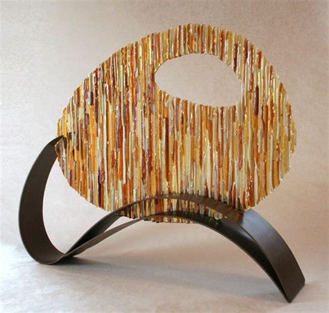 Hand Made Amber Circle Fused Glass And Metal Sculpture By