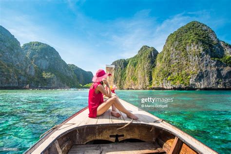 Beautiful Woman On A Longtail Boat In Maya Bay Phi Phi Islands Thailand