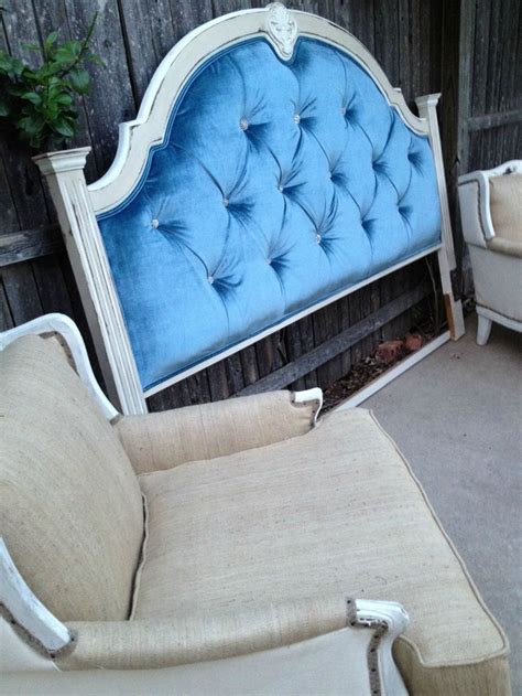 vintage upholstered headboard rhinestone blue velvet white paint   etsy