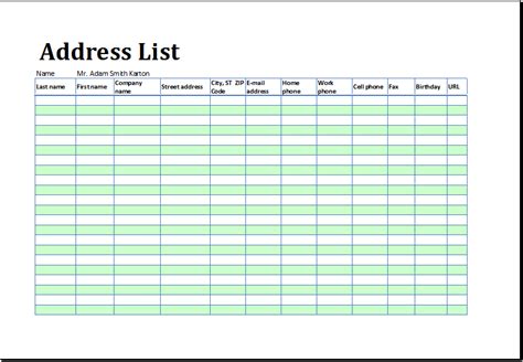 printable address listbook template  ms excel excel templates address book template