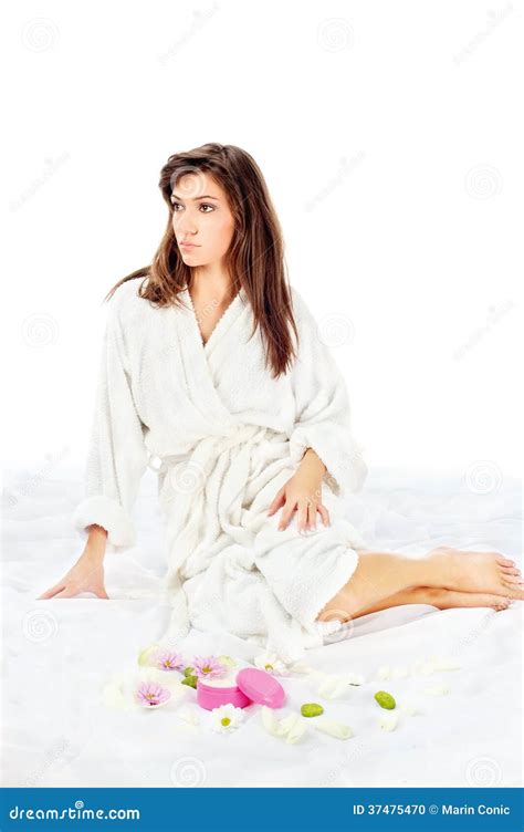 spa woman  bathrobe stock photo image  woman white