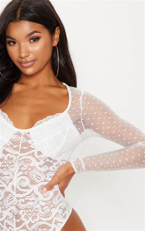 White Long Sleeve Lace Mesh Bodysuit Tops Prettylittlething Ie
