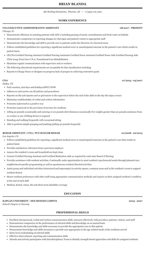 cna resume sample   work experience