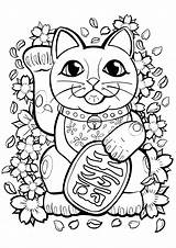 Neko Maneki Coloring Pages Cat Color Japan Cute Lucky Tattoo Flowers Beckoning Adults Japanese Literally Elements Him Around Justcolor Disney sketch template