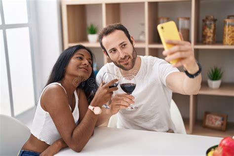 Man And Woman Interracial Couple Drinking Wine Make Selfie By