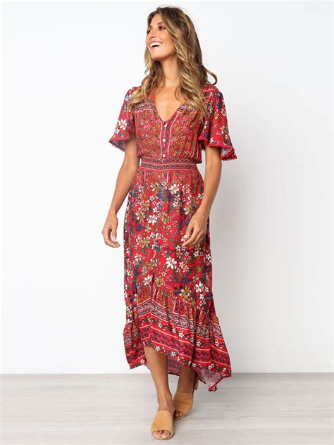 robe maxi bohème à imprimé floral col v manches courtes robe d été