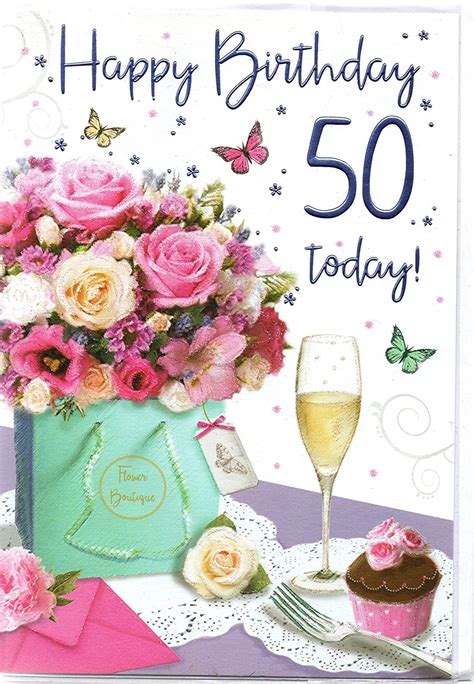 Birthday Age 50th Card Flower Bouquet And Champagne