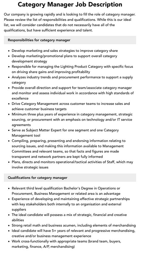 category manager job description velvet jobs
