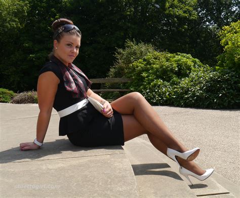 sexy karen gets some hot sun on her shiny nylon legs and perfect white stilettos glamour seduction