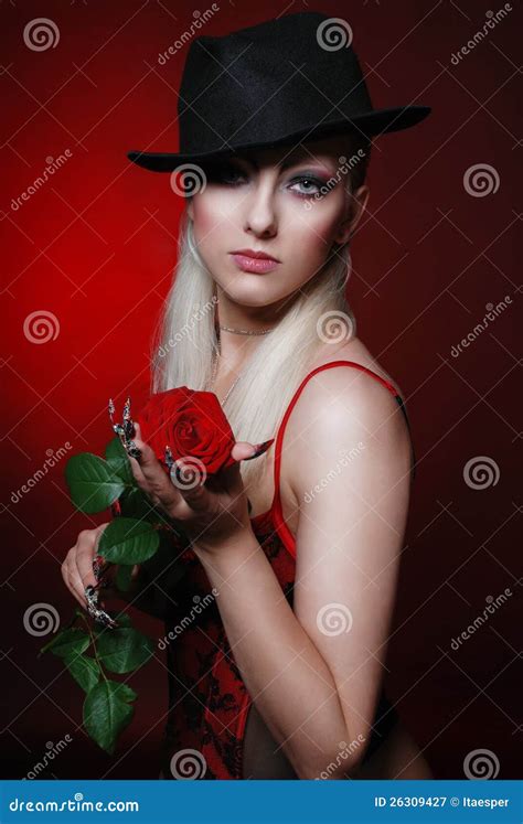Erotic Blonde With A Red Rose In Hands Stock Image Image Of Front